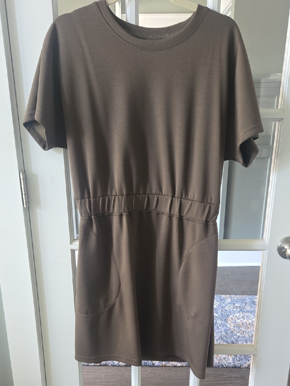Women's Olive Short Sleeve Elastic-Waist Dress